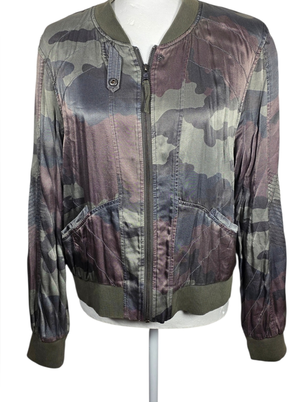 Marrakech Camo Bomber Jacket Size‎ Medium Satin Utility Zip Up Lightweight
